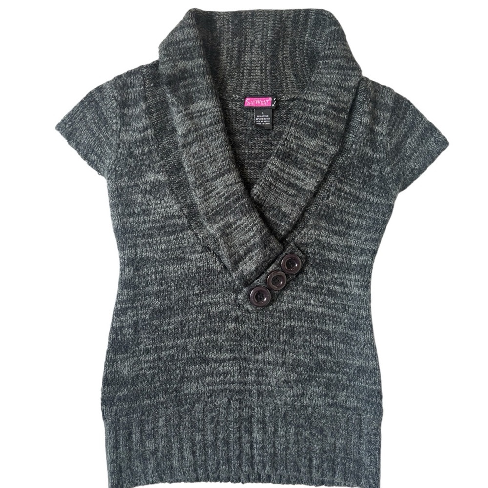 SayWhat Gray Shawl Collar Short Sleeve Sweater Top Large Y2K